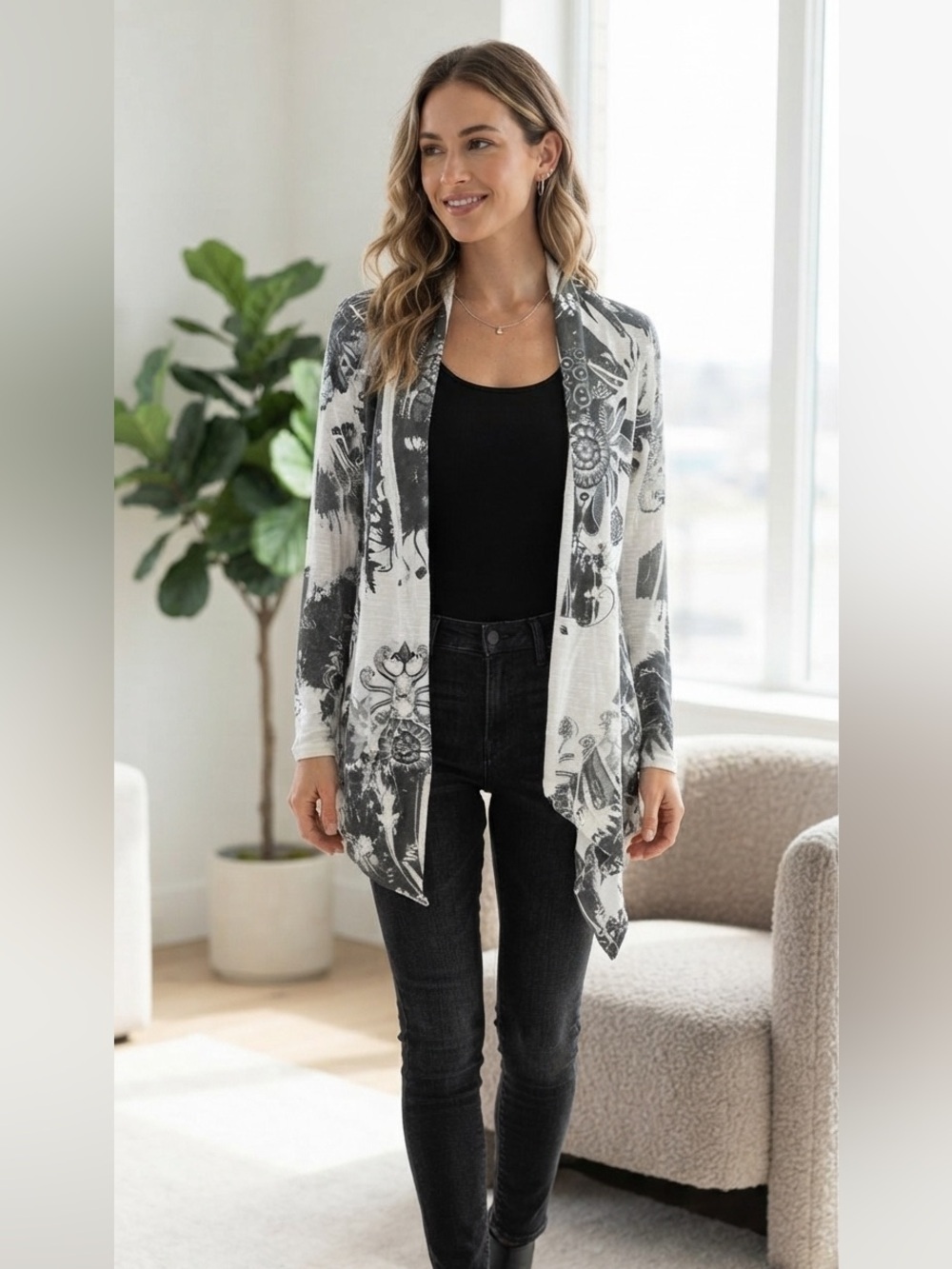 Harve Benard Open Front Drape Cardigan Sz M Graphic Burnout Abstract Floral